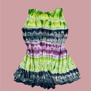VTG RAINBOW ONE SIZE BOHO INDIA EMBROIDERED TIE DYE GAUZE FLOWY DRESS HIPPIE Y2K